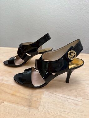 Michael Kors Black Patent Leather Slingback Heels with Gold MK Accent